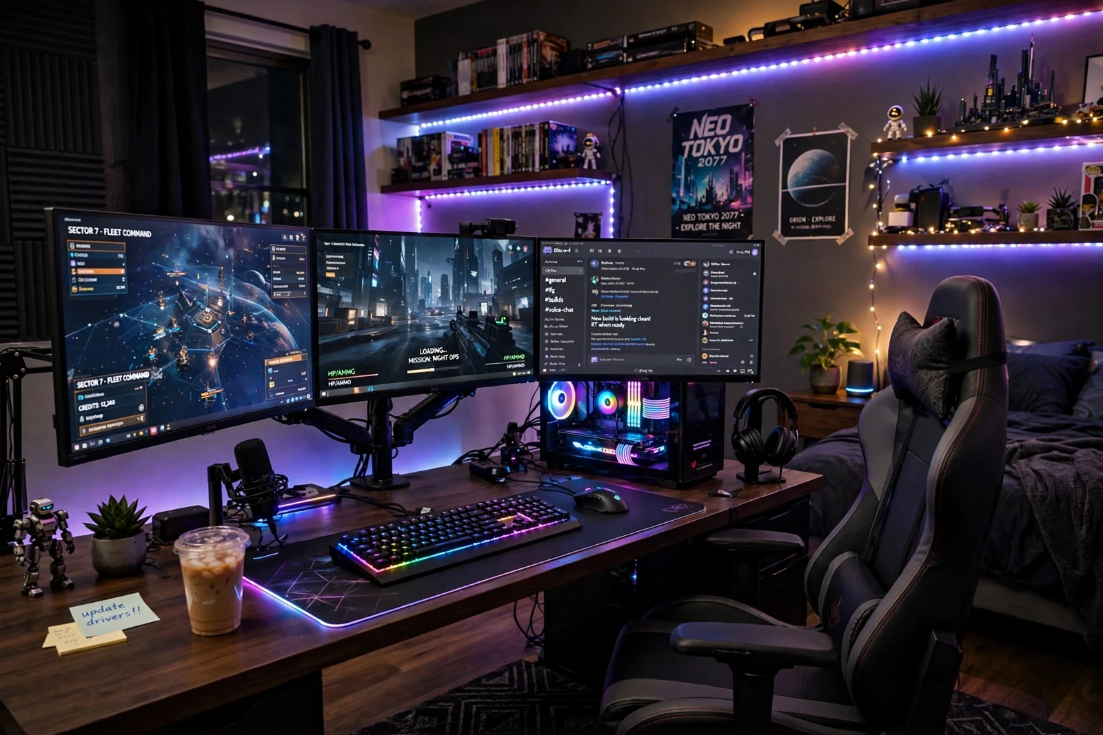 An RGB-lit gaming setup
