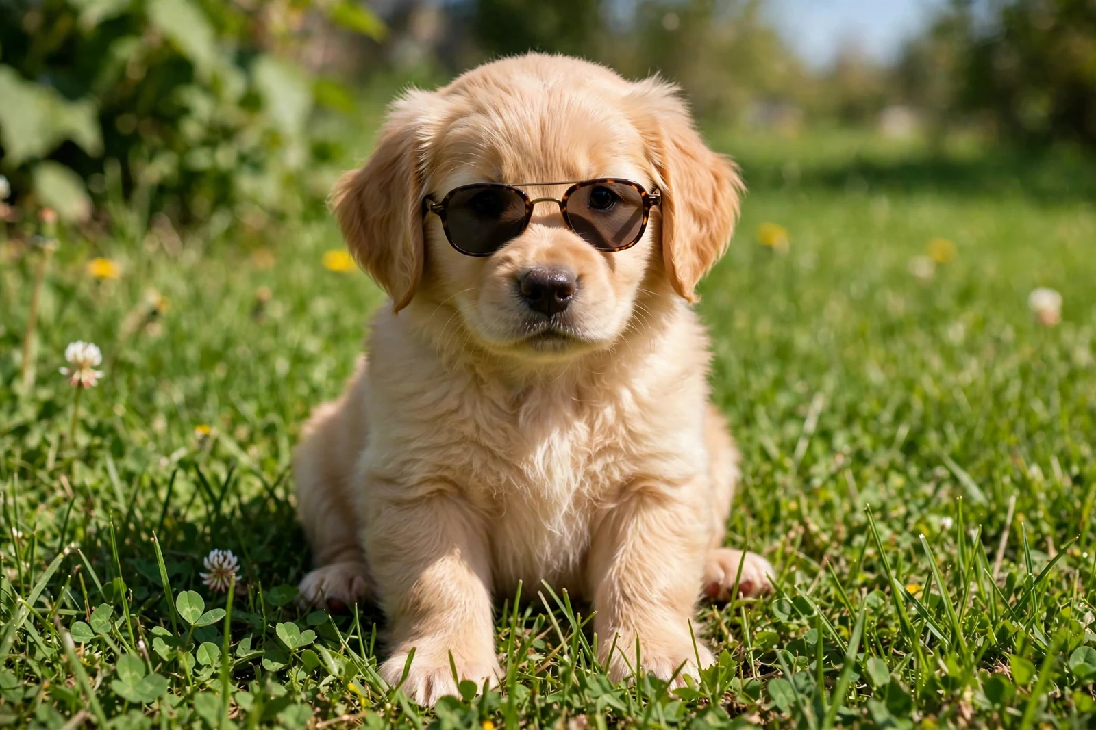 A puppy wearing sunglasses